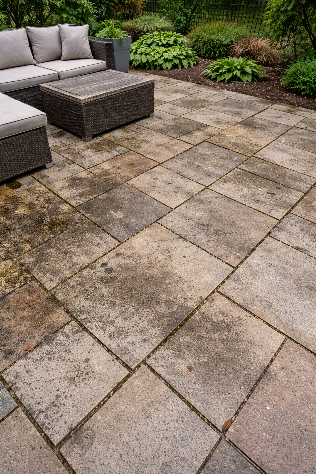 A patio with weathered stone paving and outdoor furniture, including a cushioned sofa and a wicker ottoman, surrounded by garden plants and greenery.
