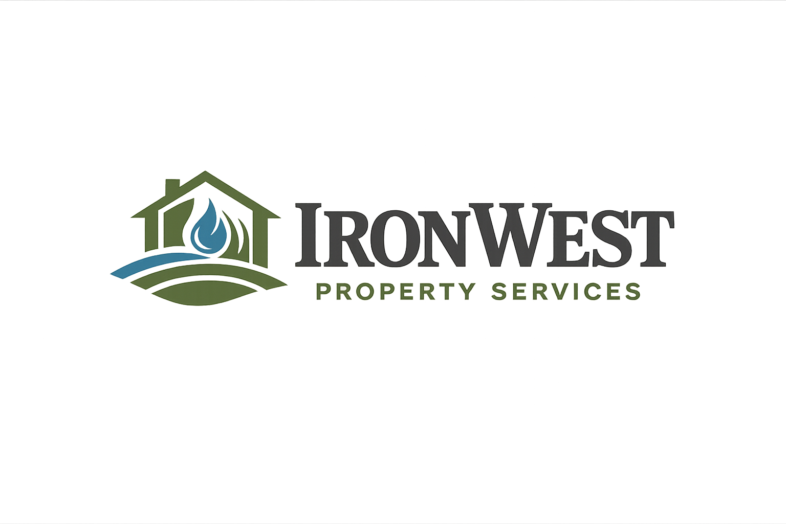 Logo for IronWest Property Services featuring a house with a blue flame and green leaves, with the company name 'IronWest Property Services' written to the right.
