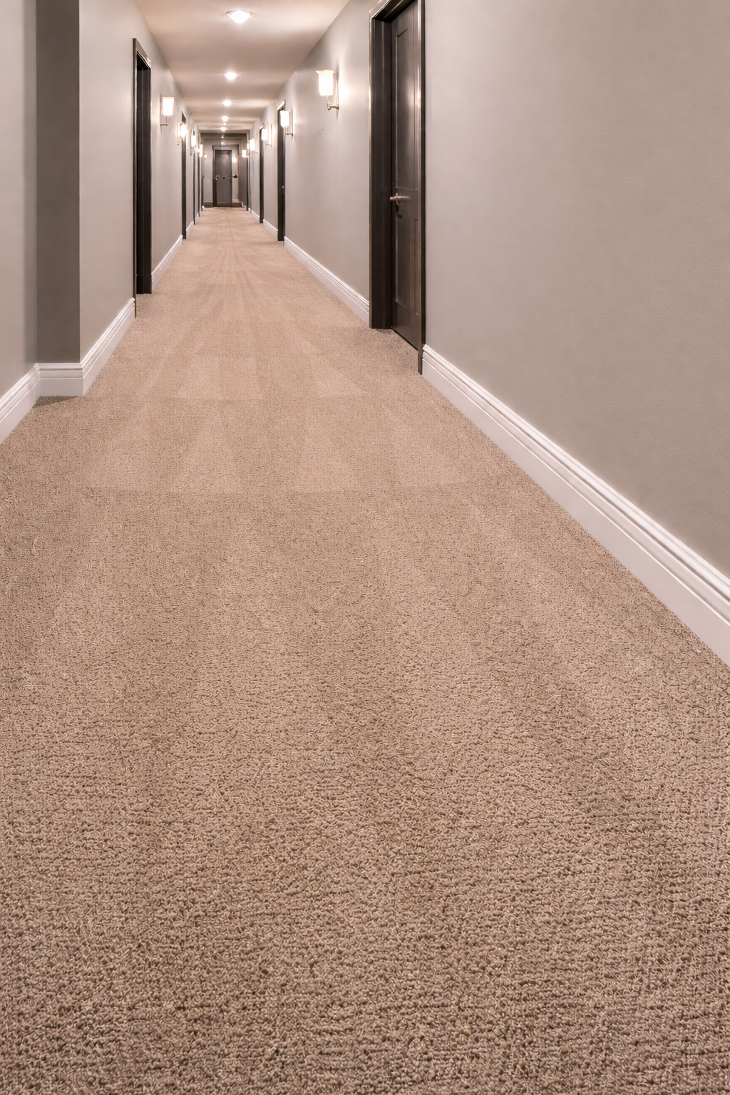 A long, carpeted hallway with beige walls, white baseboards, multiple black doors, and wall-mounted lights with white shades.