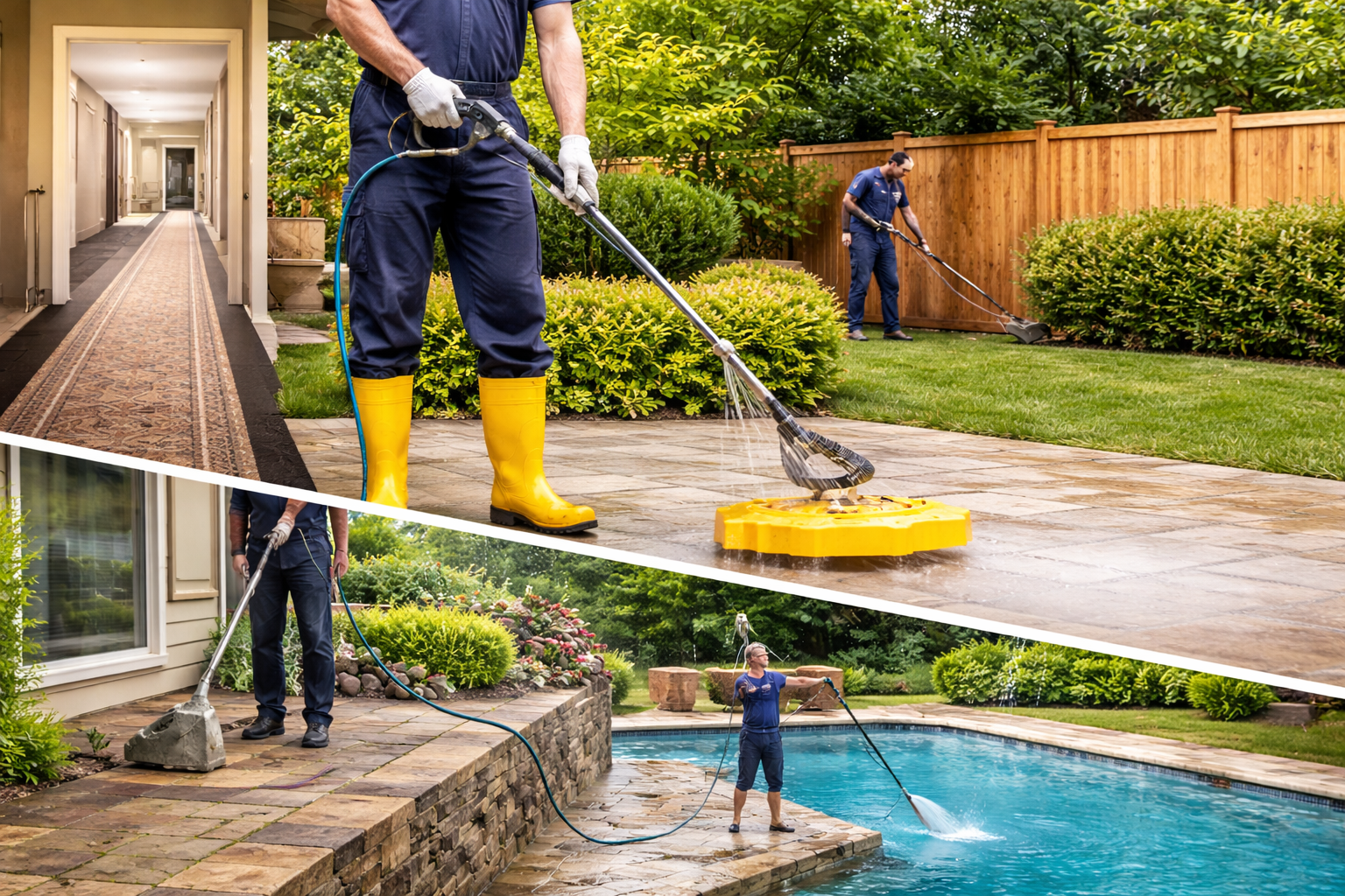 Collage of three images showing people power washing different outdoor areas. The top image features a person in yellow boots and blue uniform cleaning a stone patio. The middle image shows a person in dark clothing power washing a brick step near a house. The bottom image depicts a person in casual clothing using a pressure washer to clean a swimming pool's edge.