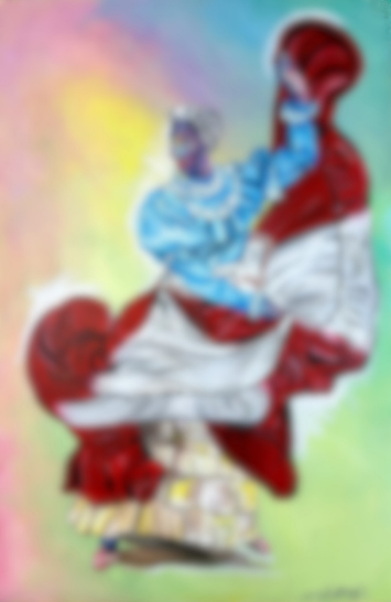 A colorful graffiti mural of a woman with red hair, wearing a blue shirt and white skirt, holding a paintbrush.