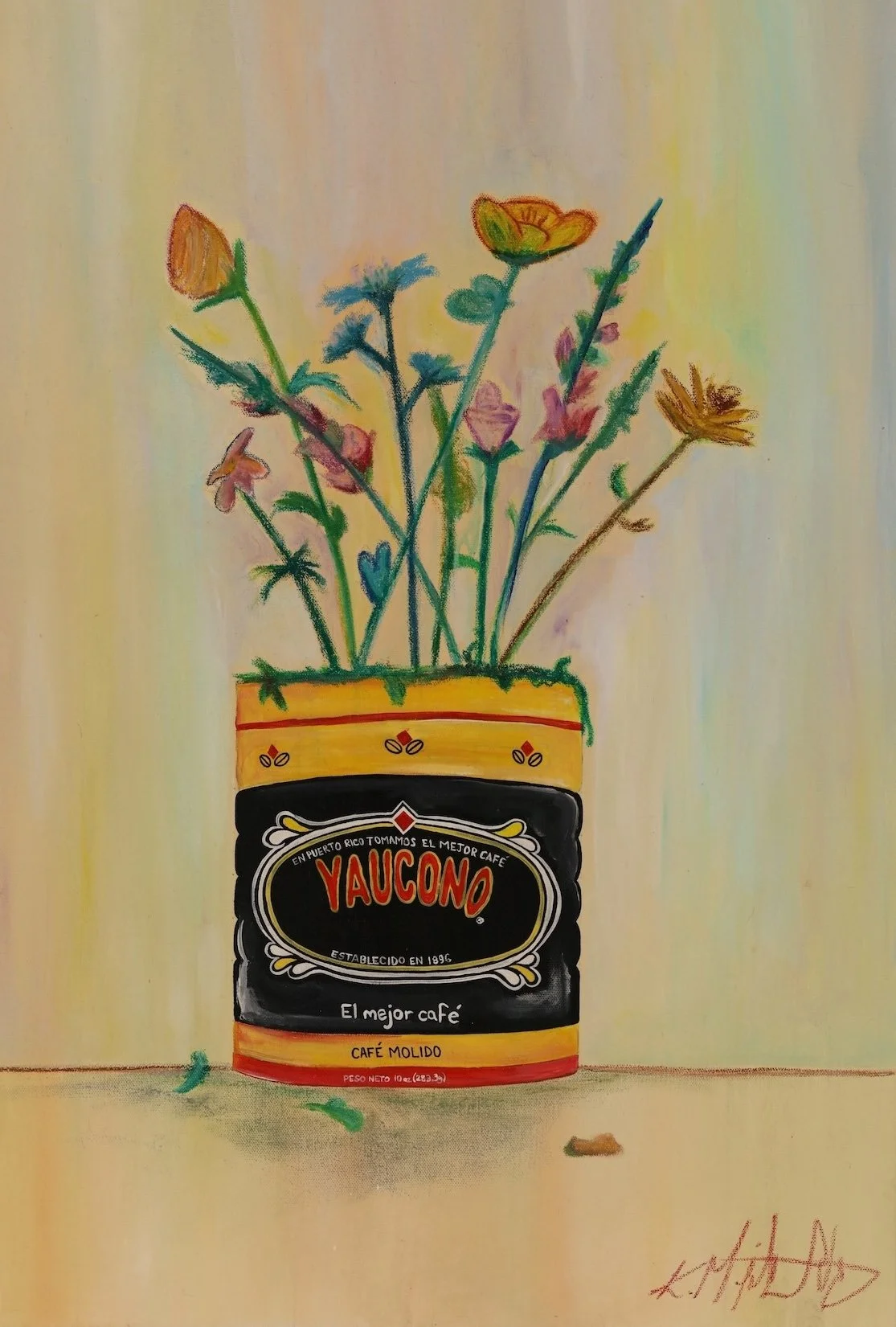 A colorful drawing of a coffee can labeled 'Yaucono' with flowers emerging from the top, against a pastel background.
