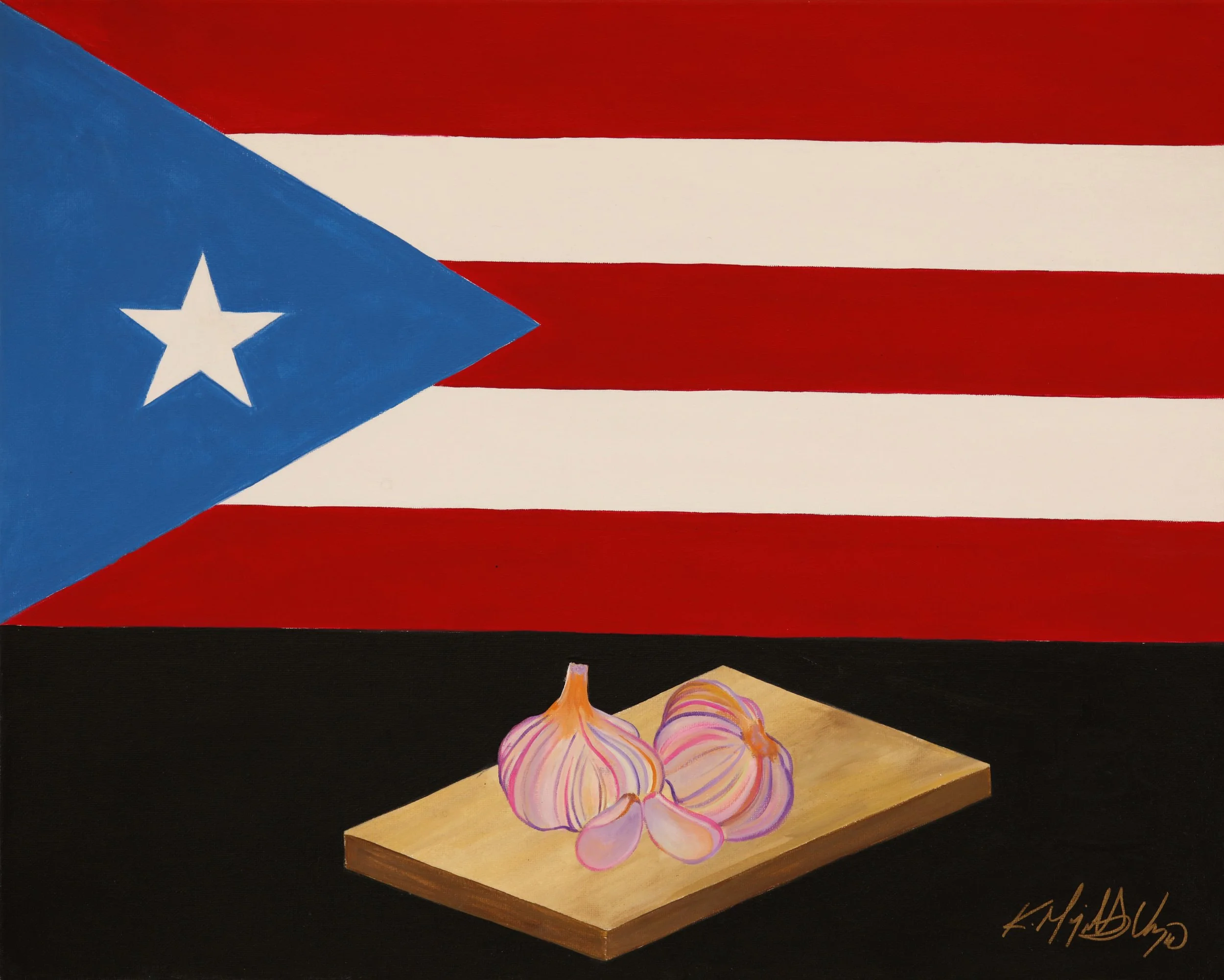 Painting of the Puerto Rican flag with garlic on a wooden board in the foreground.