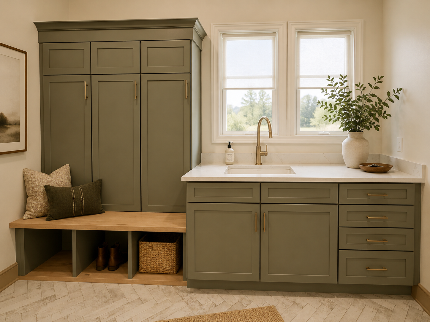 New Mud Room with Herringbone Tile Floor