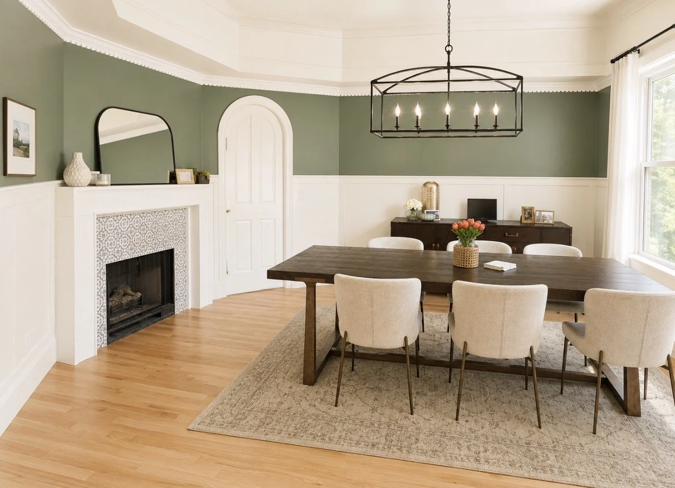 Updated Dining Room with custom tile and mantel fireplace