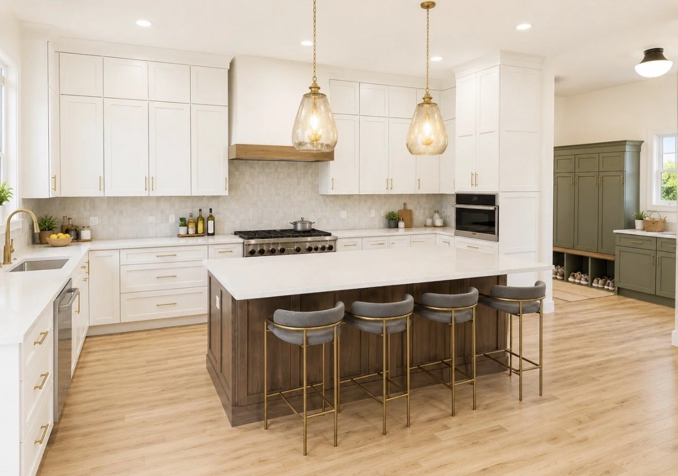 Heron Plume colored cabinets with White Oak island