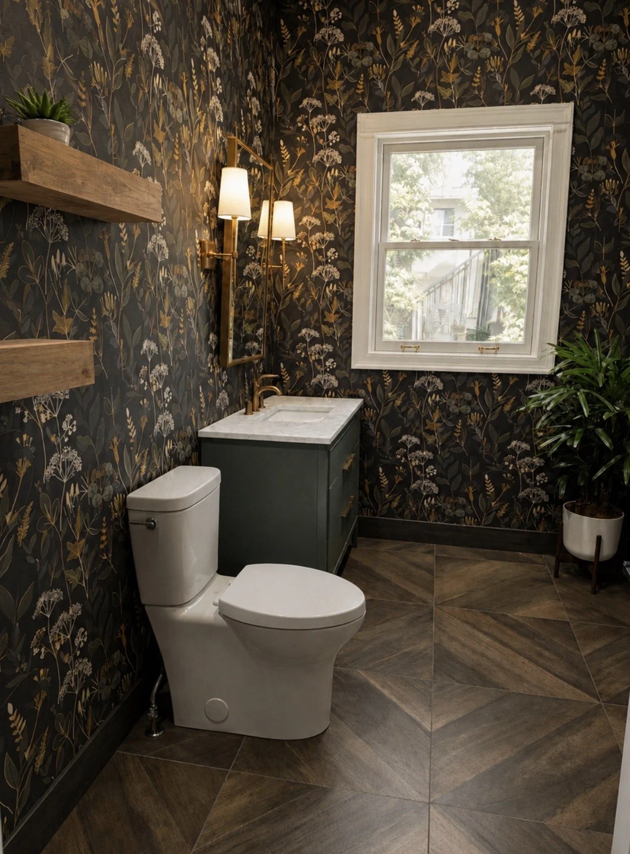 Another view of the Powder Bath with custom parquay wood-look tile floor