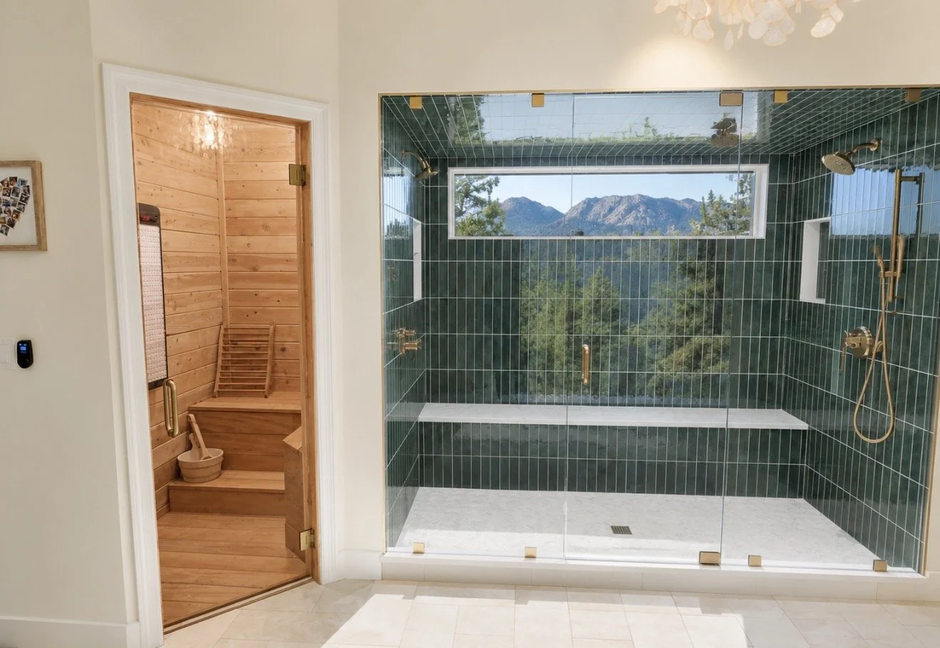 Primary shower His & Hers with neighboring sauna