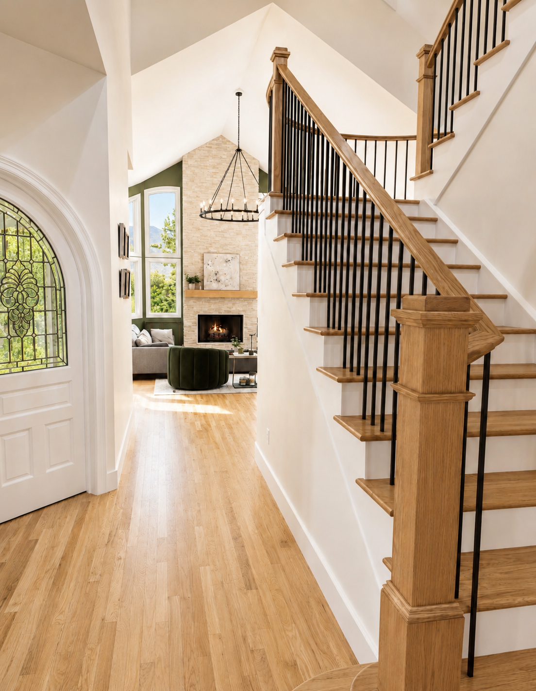 New stairrail: wooden handrail with black metal spindles