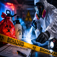 A scientist in protective gear working with a biohazard container in a laboratory marked with biohazard warning tape.