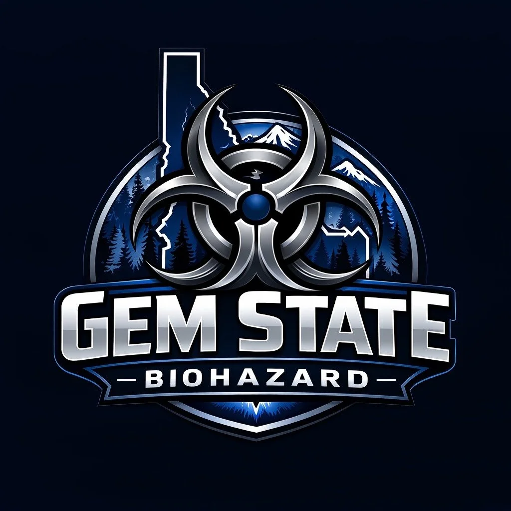 Logo for Gem State Biohazard featuring a biohazard symbol, mountains, trees, and a stylized map outline of Idaho.