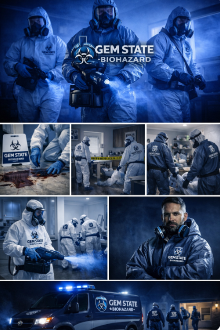Collage of scenes depicting GEM State Biohazard team in protective suits handling evidence, analyzing crime scenes, and conducting investigations, including a GEM State biohazard van at night.