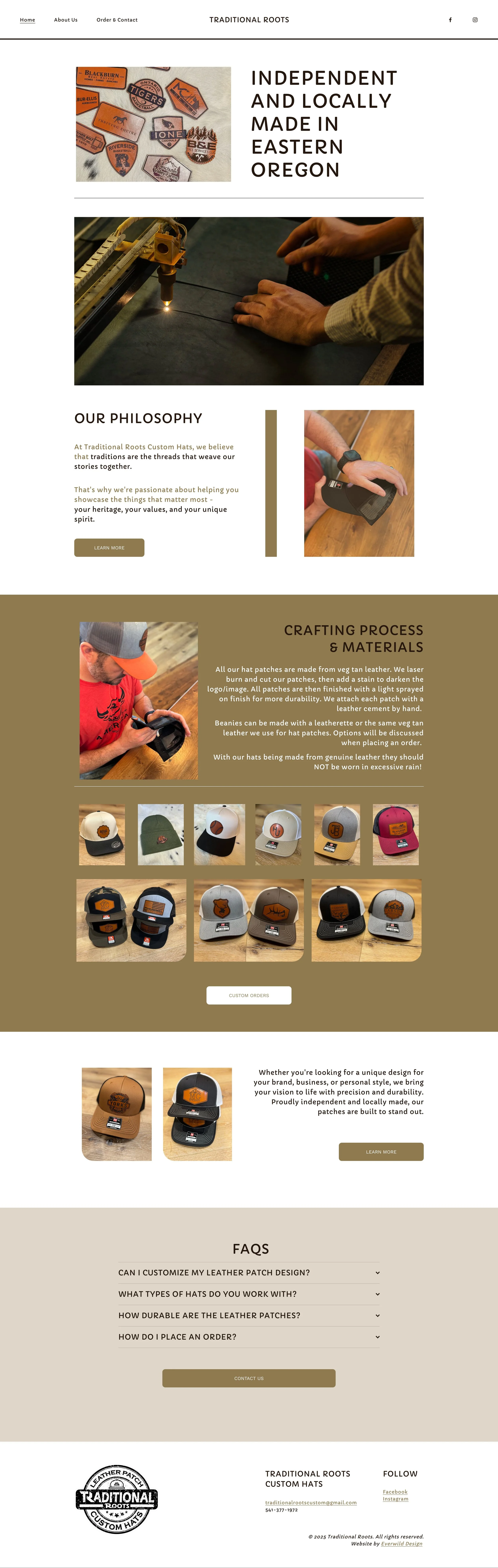 Website design for local custom hat business by Wildverse Creative in Hermiston, Oregon. Featuring images of hats, patches, and crafting process.