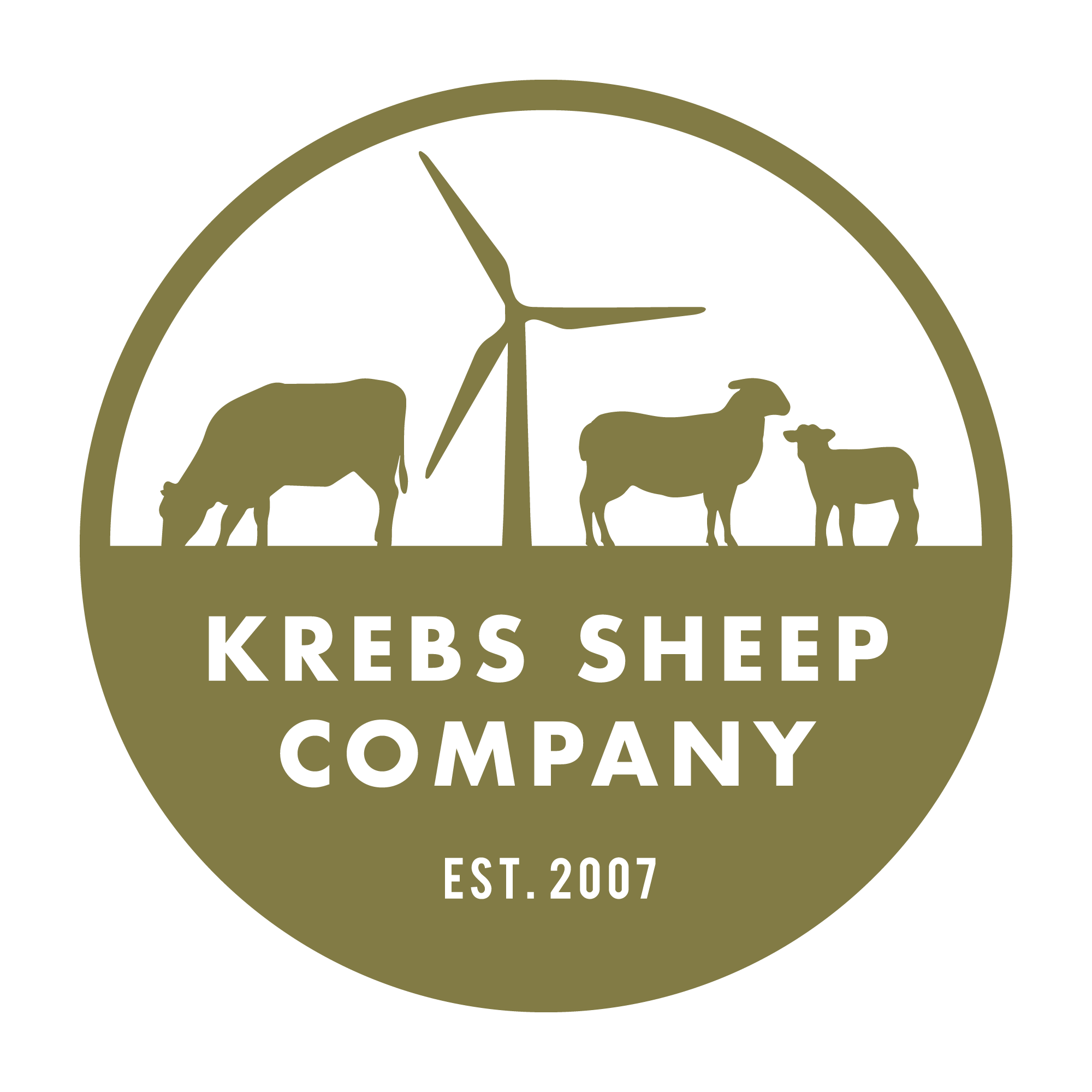 Logo of Krebs Sheep Company featuring silhouettes of a sheep, a goat, and a smaller sheep with a wind turbine in the background, and the text "Krebs Sheep Company EST. 2007"