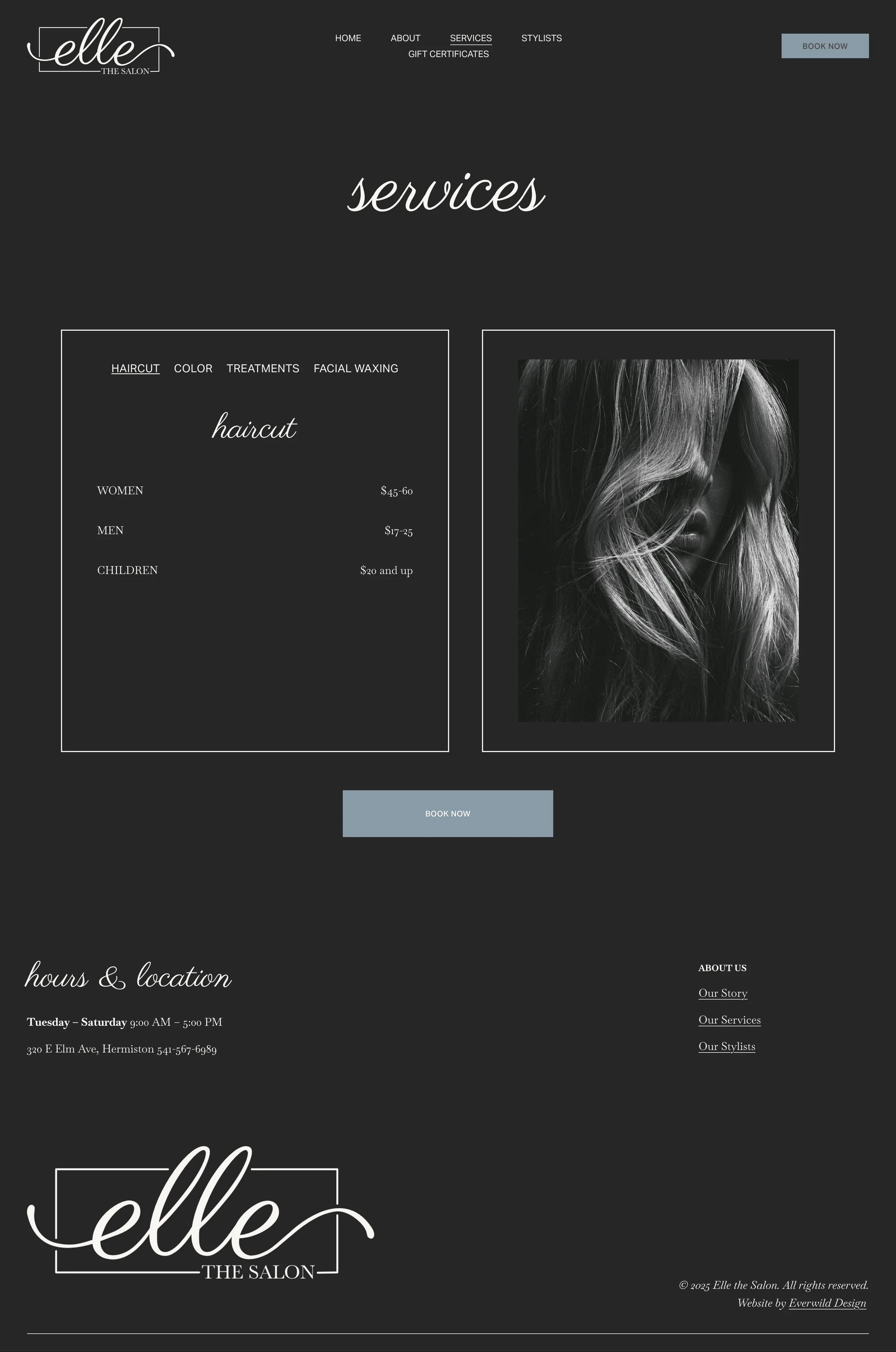 Website design for local hair salon by Wildverse Creative in Hermiston, Oregon. Showing services, hours, location, and a black-and-white image of a woman with long, wavy hair.