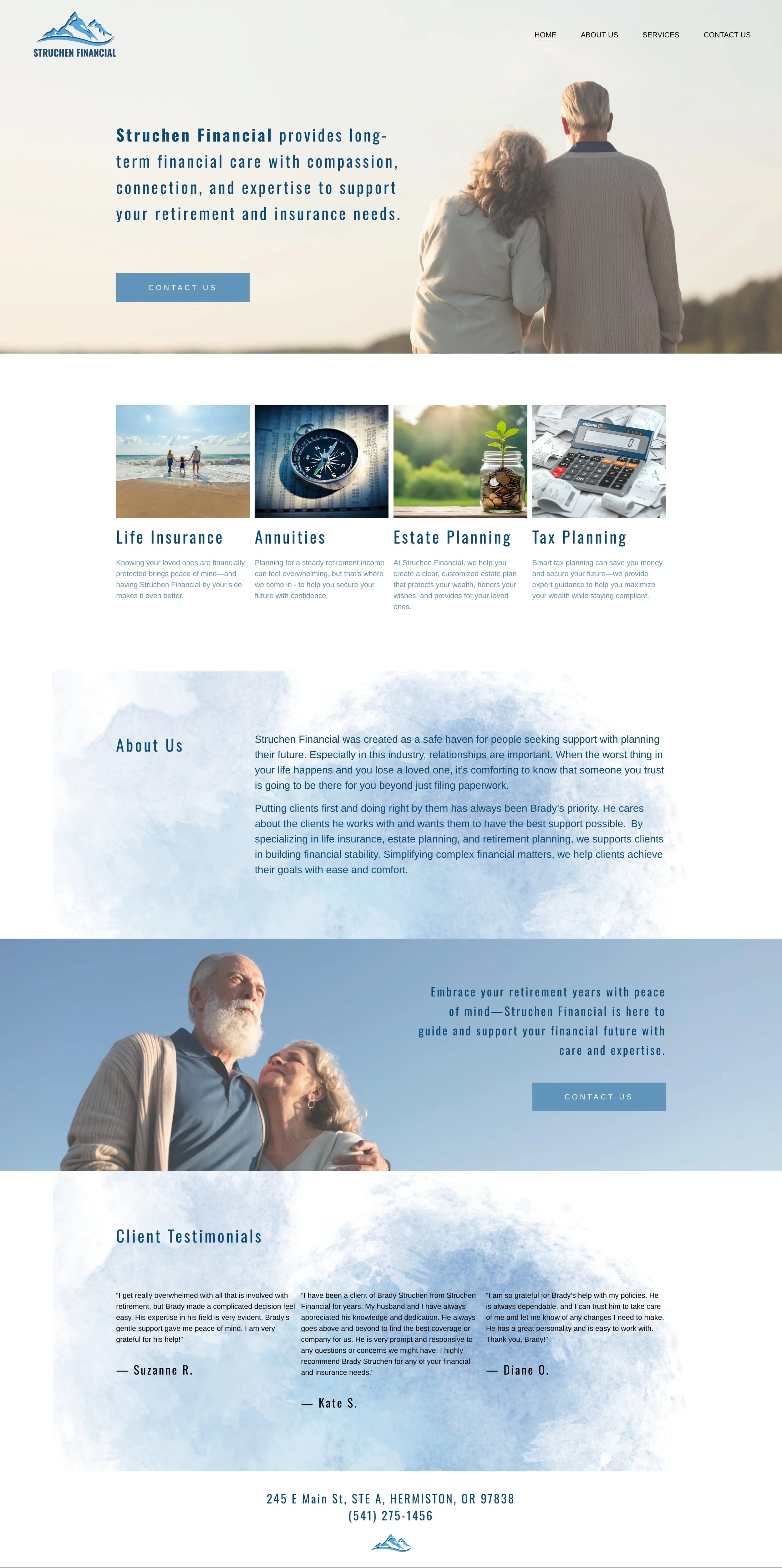 Website for local real financial planner with images of elderly couple at the top and a senior man and woman hugging at the bottom, featuring sections on life insurance, annuities, estate planning, tax planning, about us, and client testimonials.