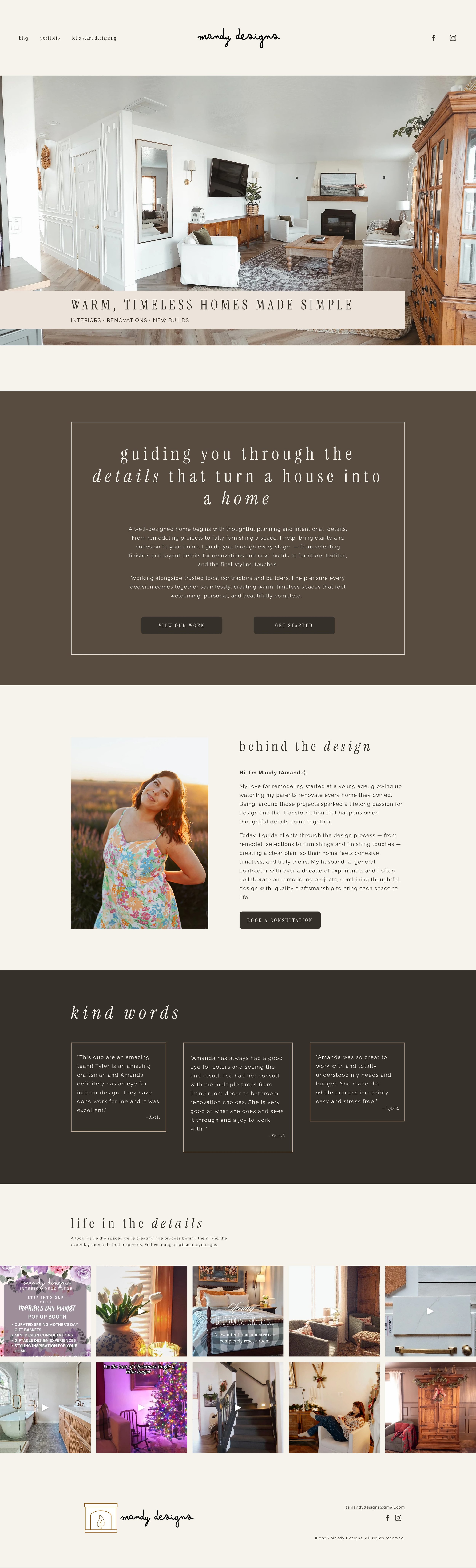 Website design for local decorator by Wildverse Creative. Featuring a living room with a fireplace, wall-mounted TV, and wooden furniture, along with sections about home design, a woman in a floral dress, and a gallery of interior photos.