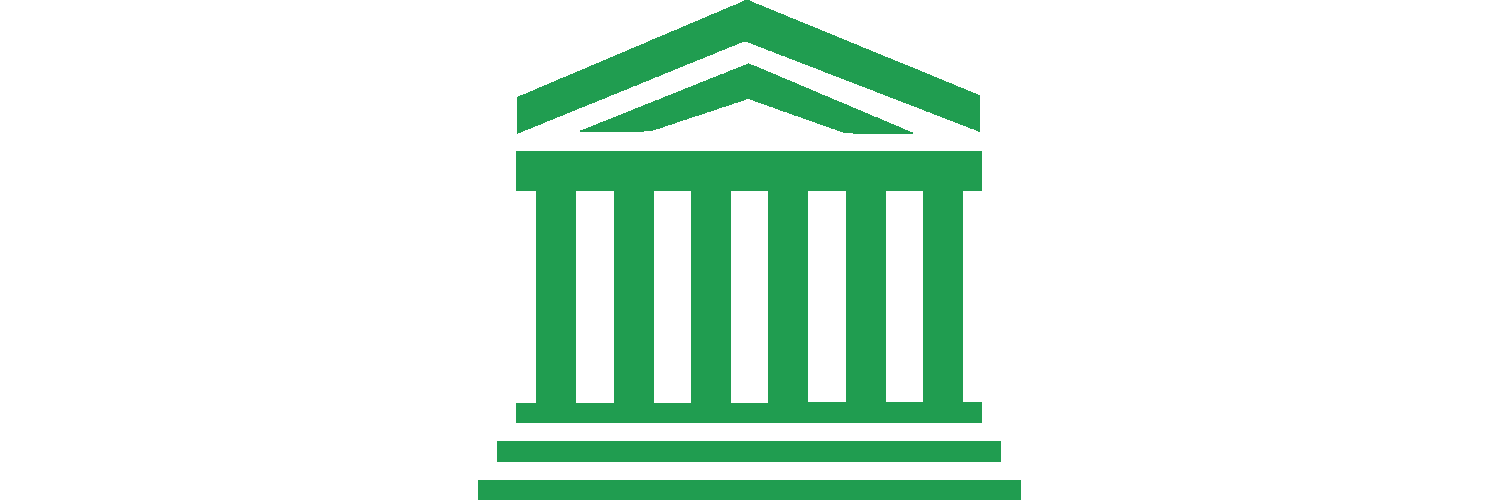 A green silhouette of a classical government or courthouse building with columns and a triangular pediment.