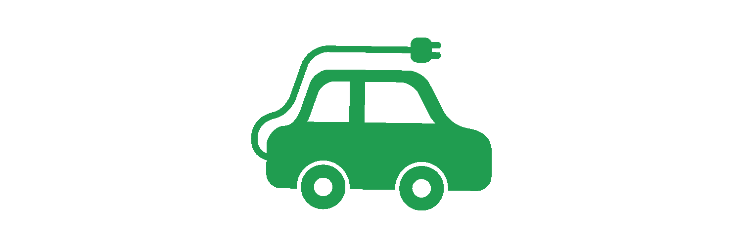 A green cartoon illustration of a compact electric car with a charging cable and plug.