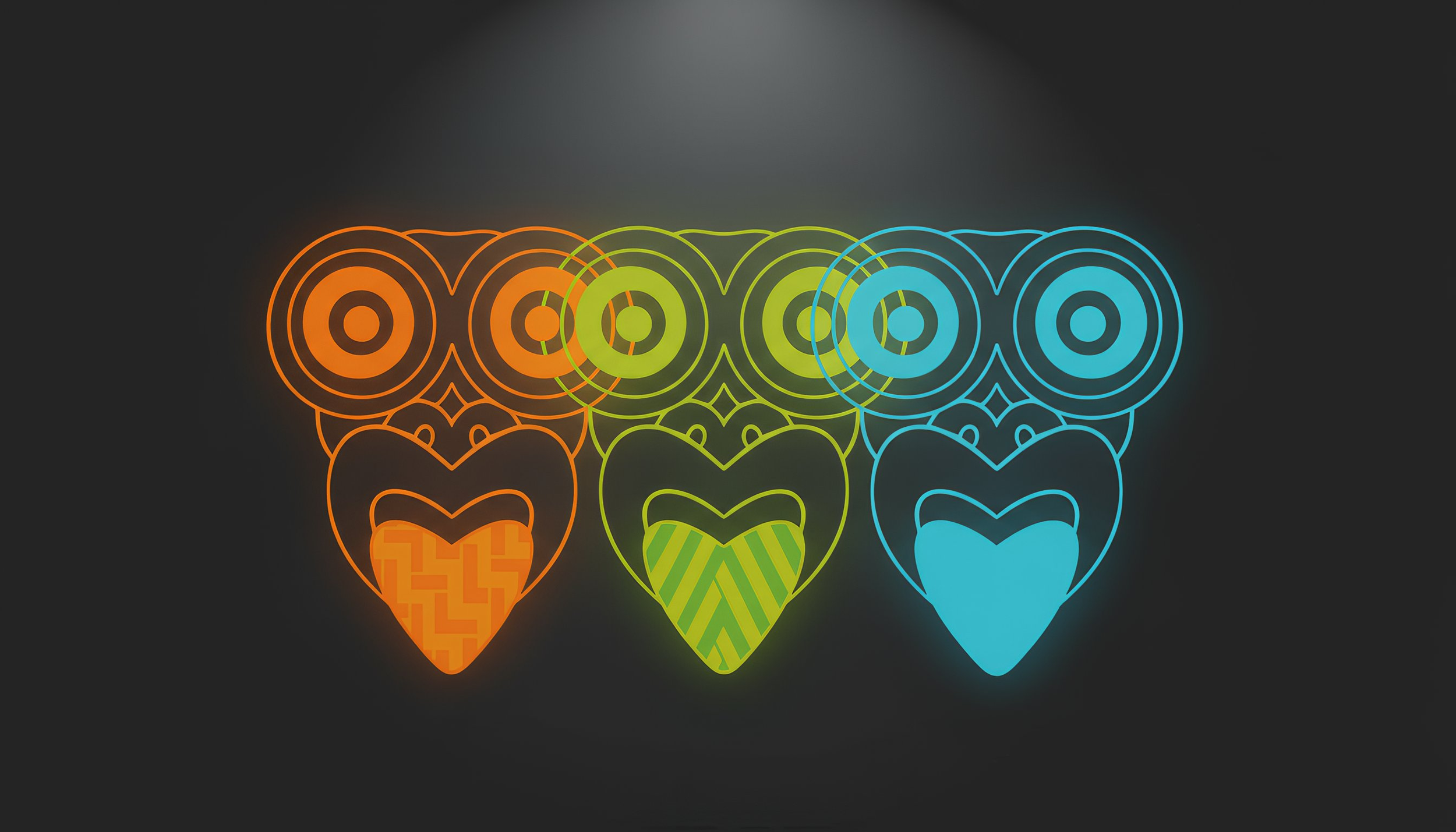 Neon-colored geometric owl pattern on a black background, featuring orange, green, and blue owl faces and concentric circles.