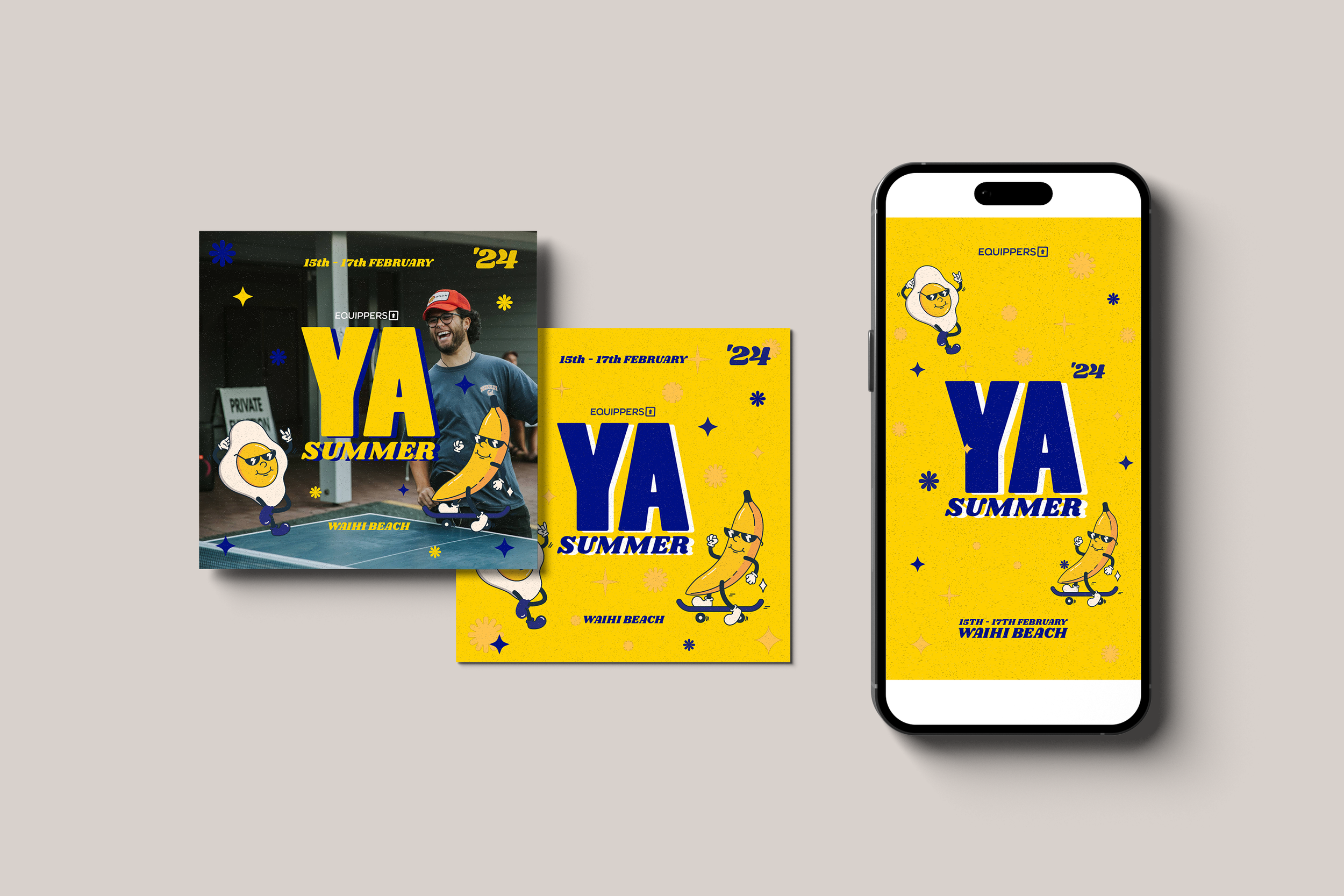 Event promotional graphics for a summer event from February 15th to 17th at Waikiki Beach. The design features cartoon characters of a peanut and a banana skateboarding, with a bright yellow background, the bold text "YA SUMMER," and details about the event dates and location.