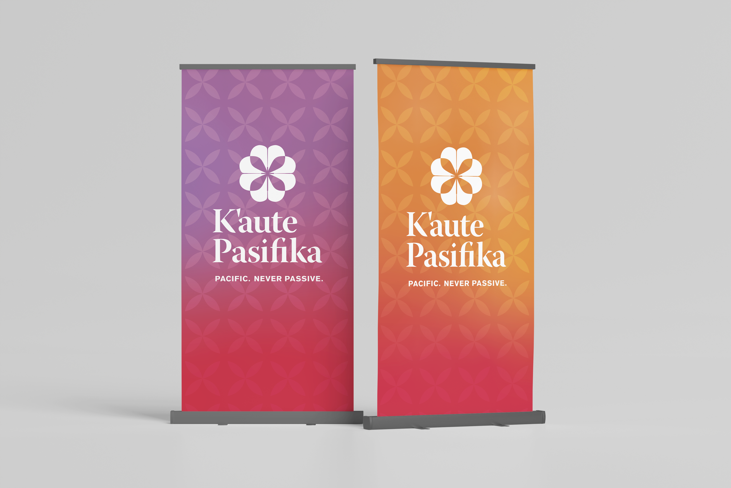 Two vertical banners with purple and orange gradient backgrounds, each featuring a white flower-like logo and the text 'Kaut Pasifika' with the tagline 'Pacific. Never Passive.'