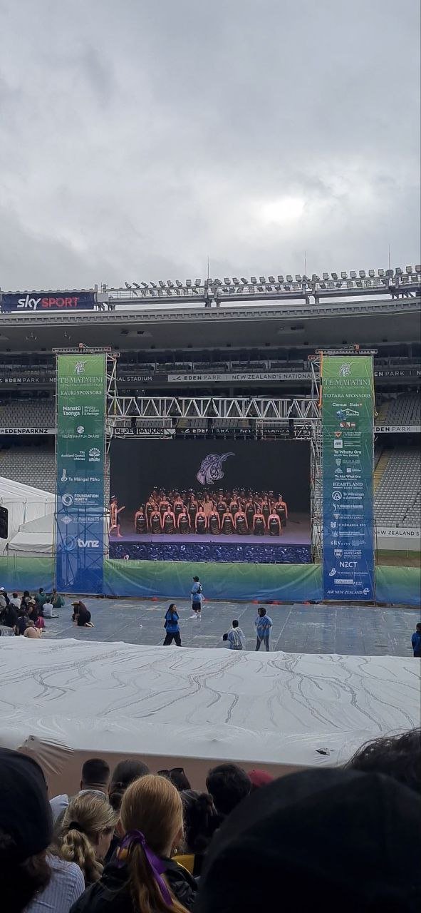 View of a stadium with a stage in the center, where a group of performers in pink costumes are seated. The stage has a large screen displaying a logo with a purple Viking helmet, and there are tall sponsor banners on either side. The audience is watching, with some seated on the ground and others walking around, during daytime with overcast skies.
