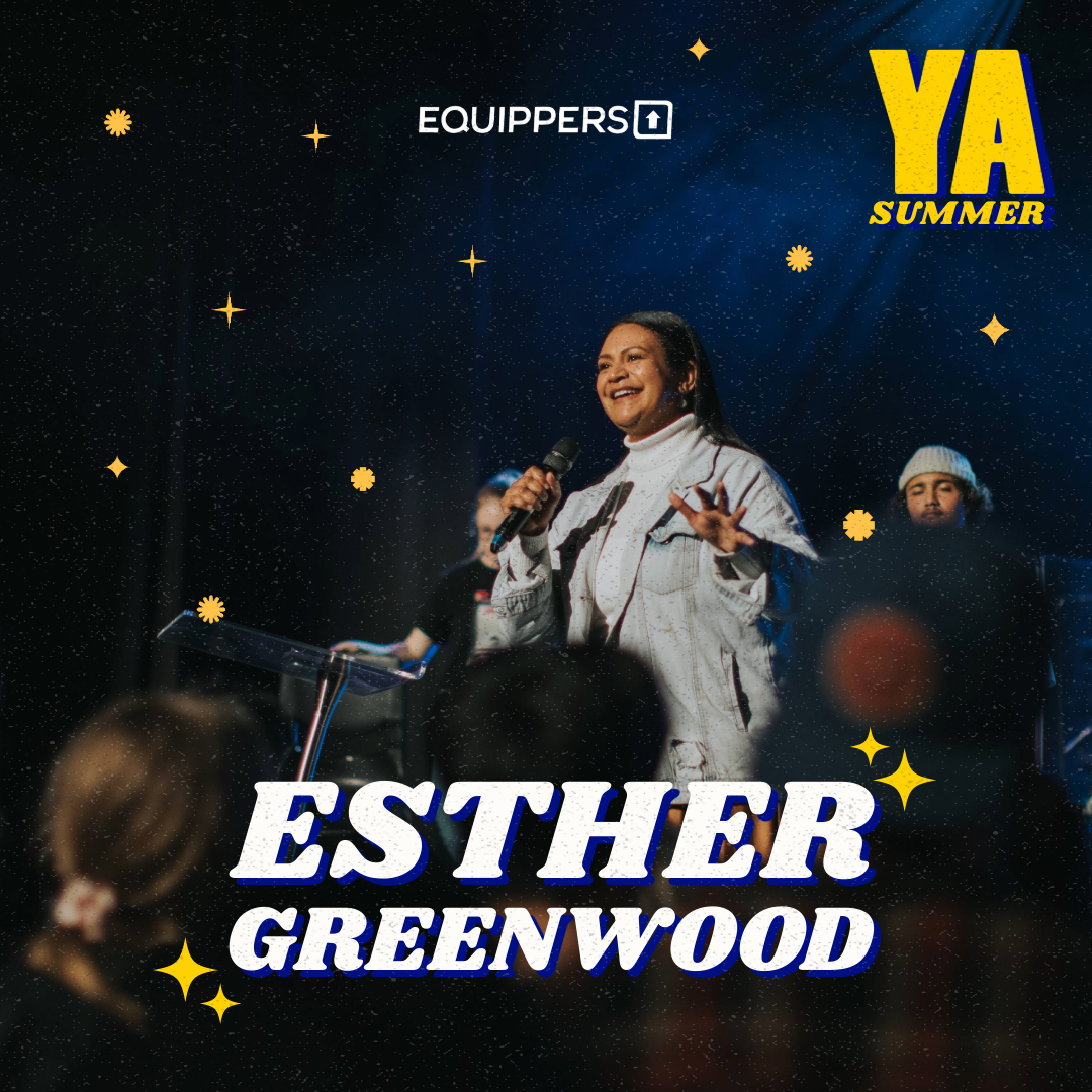 A woman with a microphone on stage, smiling, in front of a dark starry background with yellow stars and a sign that reads 'EQUIPPERS'. Text on the image says 'Y A SUMMER' and 'ESTHER GREENWOOD'.