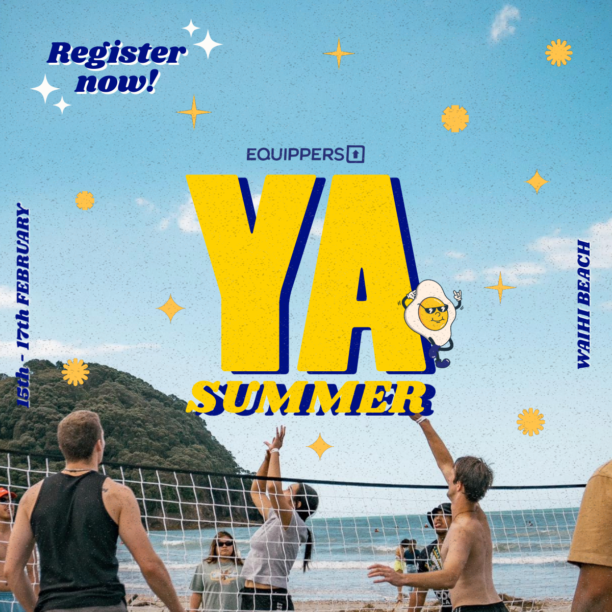Promotional poster for a summer event at Waikiki Beach from February 15th to 17th, with a background photo of people playing beach volleyball near the shoreline and an illustration of a yellow cartoon character next to large yellow text "YA SUMMER."