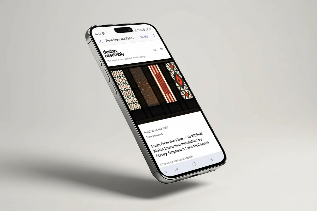 A smartphone displaying an art gallery webpage with textile patterns titled "Fresh From the Field" from New Zealand.