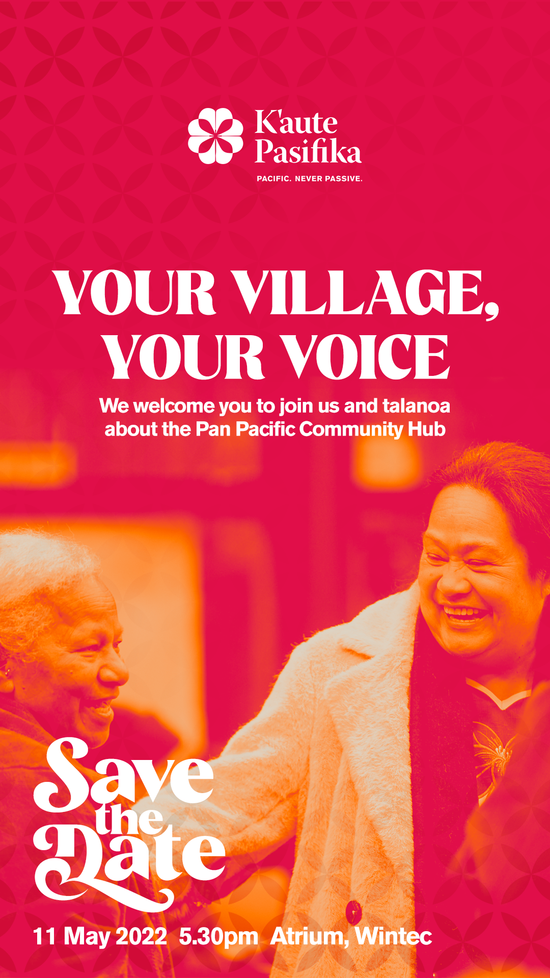 Event poster with pink background, featuring women smiling and talking, promoting a community hub event on May 11, 2022, at 5:30 pm at the Atrium, Wintec, encouraging participation and dialogue.