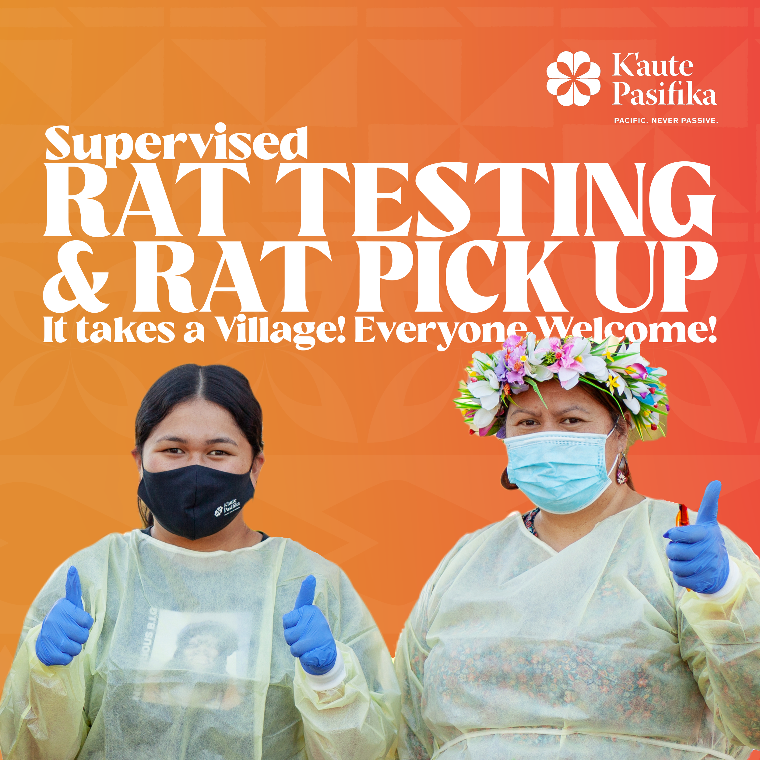 Two women wearing medical masks and gloves, one giving a thumbs-up, standing in front of a bright orange background. Text promoting rat testing and rat pickup event.