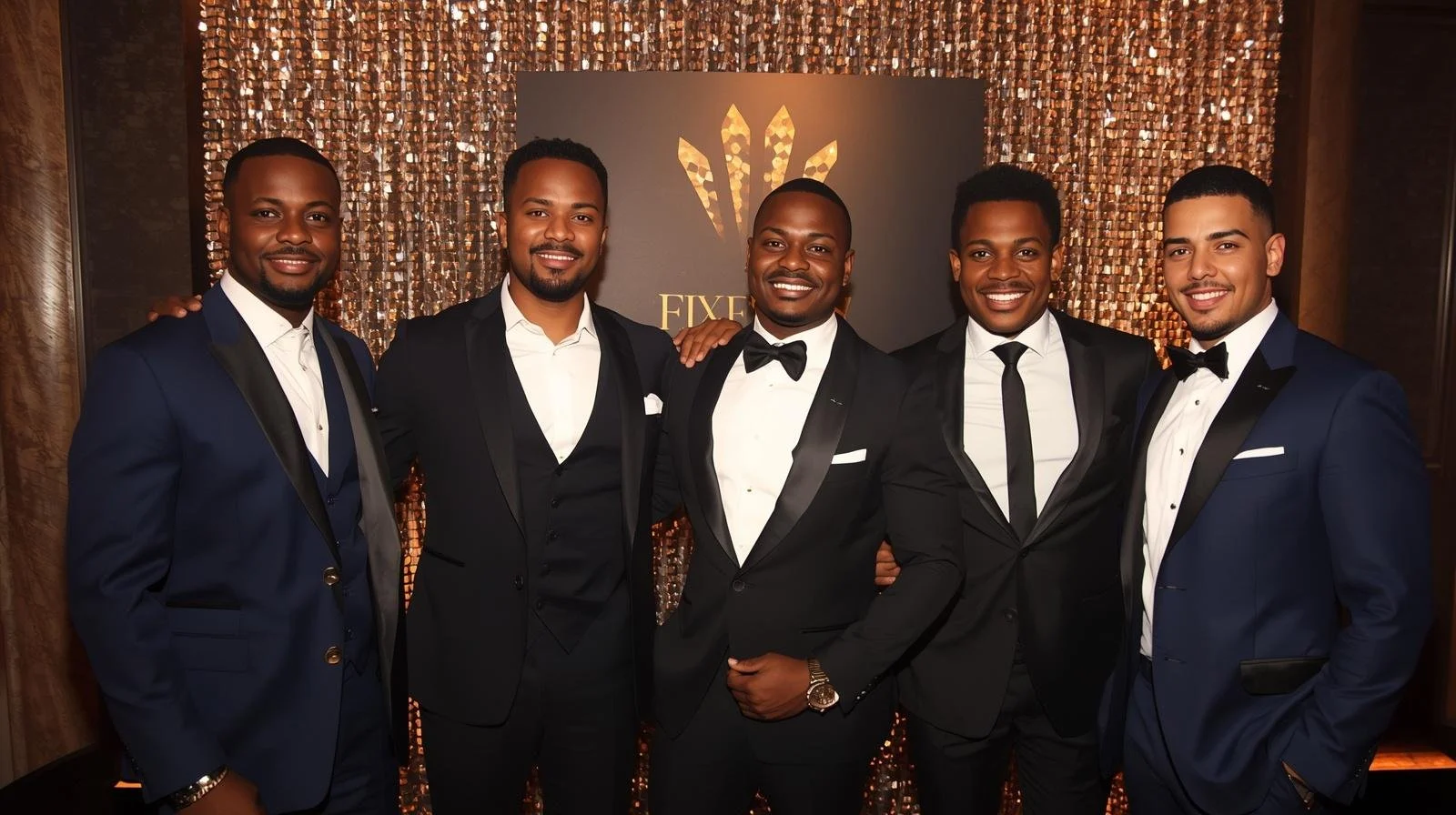 Six men dressed in tuxedos and formal suits, standing together at an event with a decorated backdrop featuring a logo and gold accents.