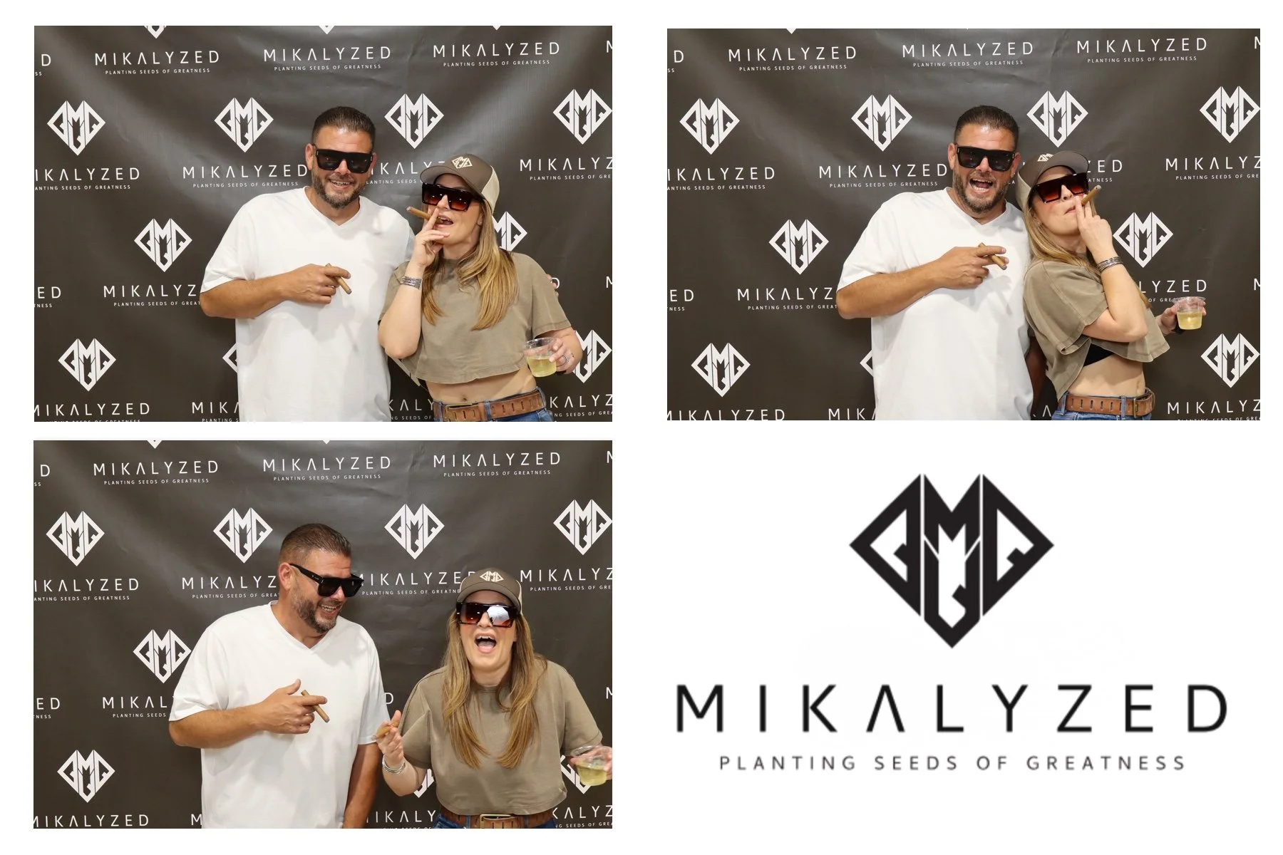 Two men and a woman posing at a MICALYZED promotional event. The woman is smoking a cigar and holding a drink. The man on the left is wearing a white shirt and sunglasses. The woman is wearing a beige crop top, jeans, sunglasses, and a cap. The backd