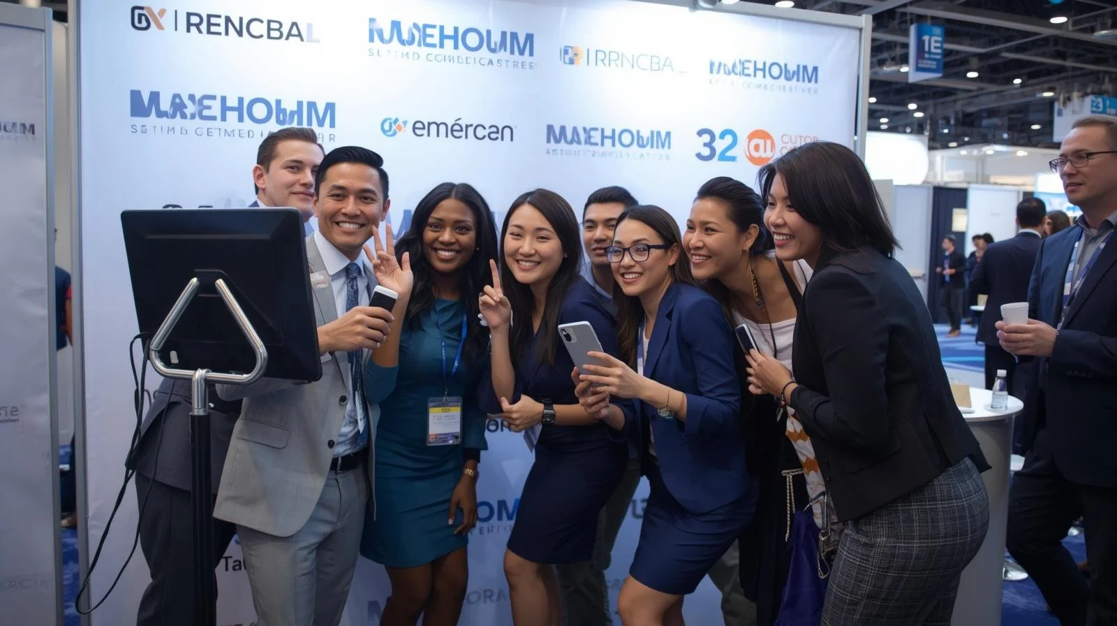 A group of diverse business professionals at a conference, taking a group selfie in front of a booth with in the background logos and banners.