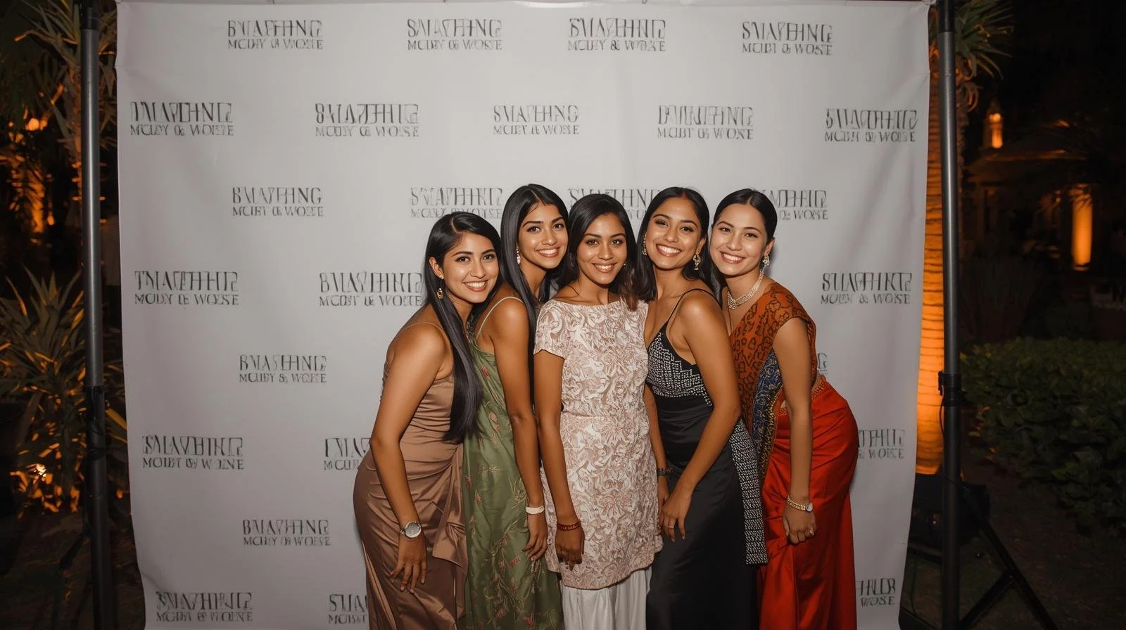 Five women standing together in front of a white step and repeat banner with text that says "SLAHEINE MOODY & WOOSE,” dressed in elegant outfits and smiling for the camera.