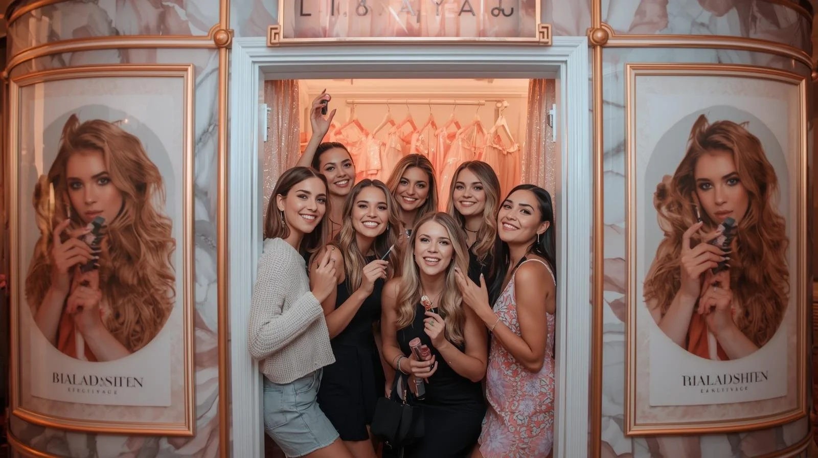 A group of women smiling and posing for a photo inside a boutique or dressing room with pink and peach dresses hanging in the background, and posters of a woman with styled red hair on the walls.