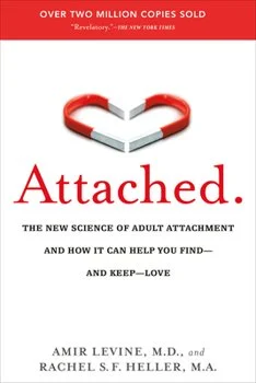 Book cover titled "Attached" with a red and white heart-shaped magnet. Subtitle discusses adult attachment and love.