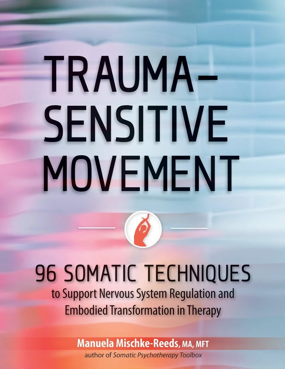 Book cover titled "Trauma-sensitive Movement" by Manuela Mischke-Reeds, featuring a blurred colorful background with a white icon of a hand with a small flame or spark above it. For somatic healing and Nervous System Regulation