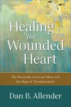 Book cover titled 'Healing the Wounded Heart' by Dan B. Allender, with a teal and yellow abstract background. Understanding and Healing from Sexual Abuse