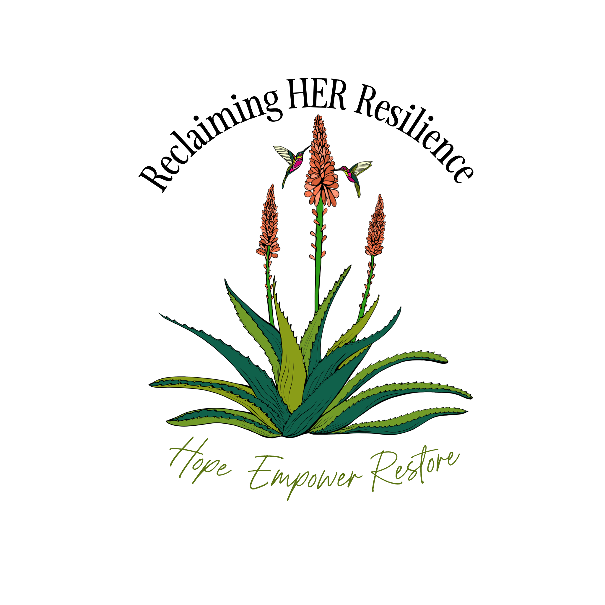 A blooming aloe vera plant with three blooms of pink orange with hummingbirds on either side of the middle bloom and green leaves pointing outward with Reclaiming HER Resilience in a half circle above the blooms