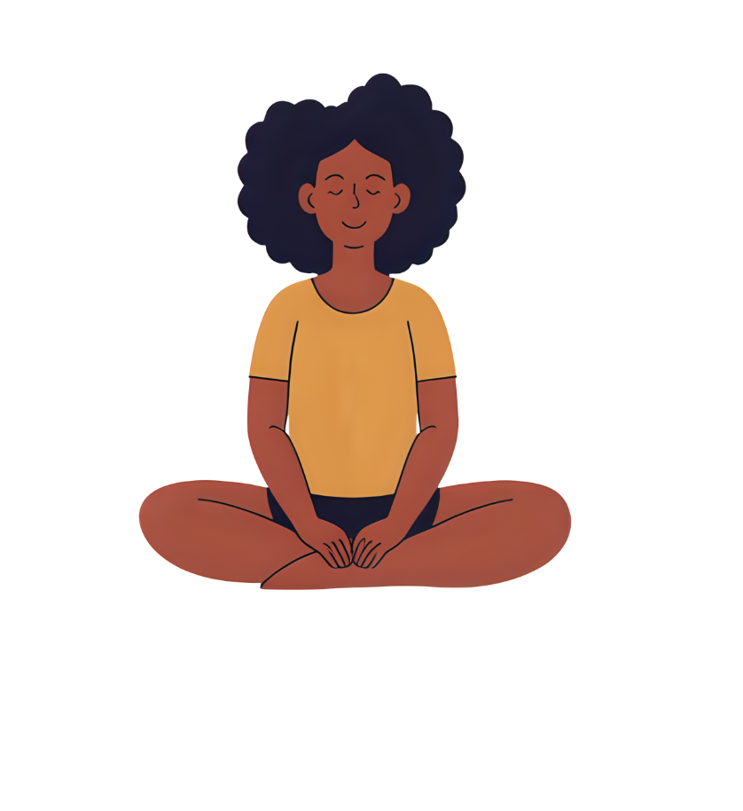 White circle background with a brown woman with black curly hair sitting in meditation posture legs criss cross applesauce with her eyes closed.