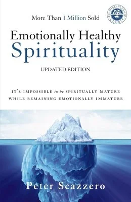 Book cover titled "Emotionally Healthy Spirituality" by Peter Scazzero, featuring an iceberg with part above the water and larger part submerged, symbolizing emotional and spiritual depth. Recommended by Robrenna for Spiritual Formation.