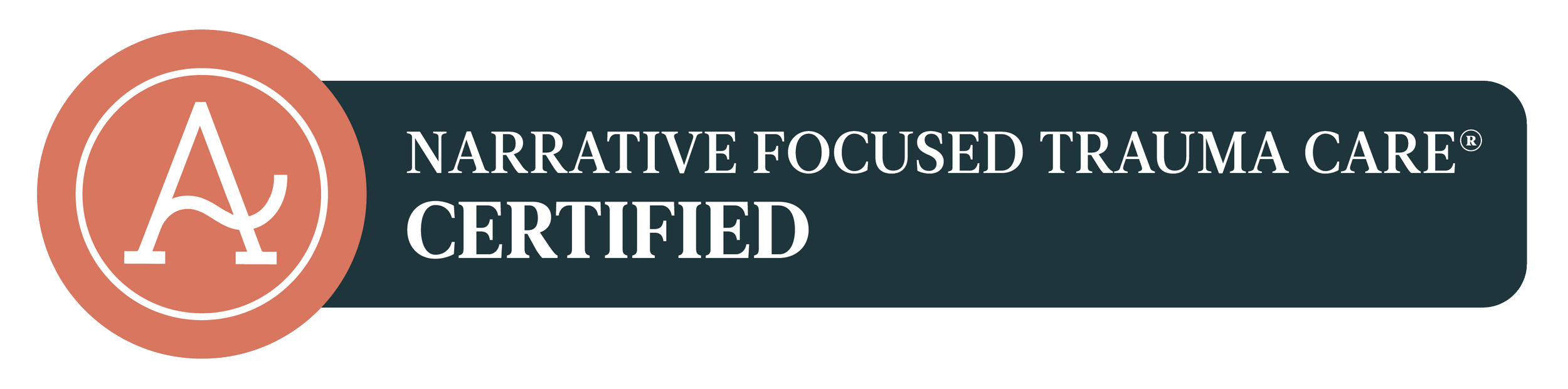 A Badge A circle with an A in the middle and a charcoal  rectangle square  Narrative Focused Trauma Care Certified
