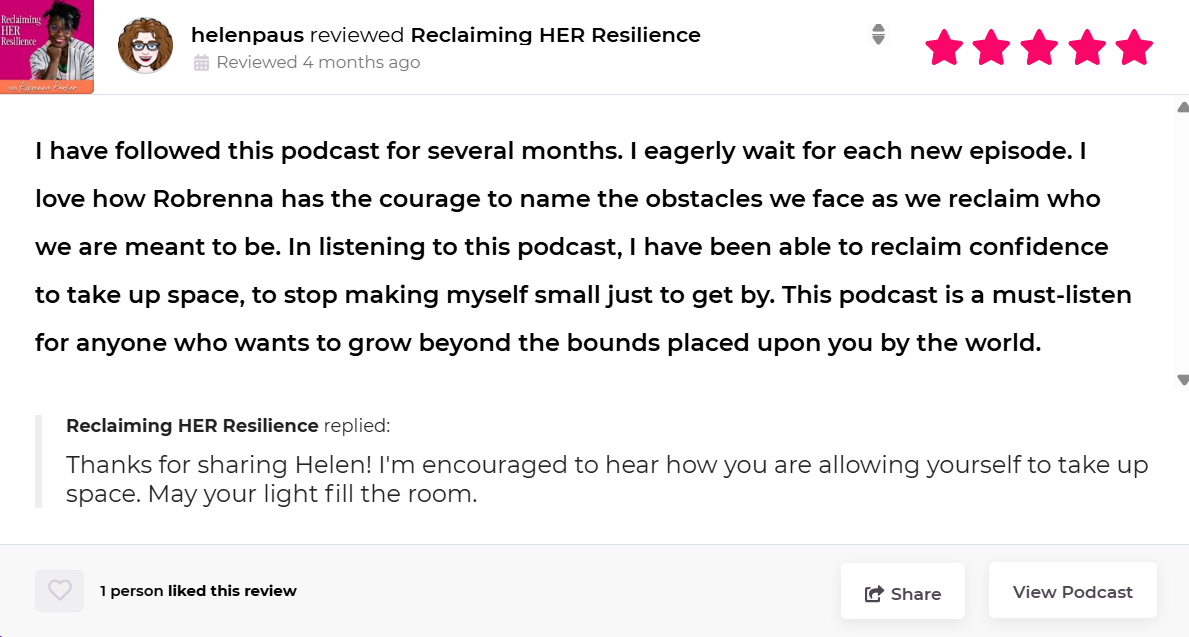 Screenshot of a podcast review page with a profile picture of a woman with glasses and curly hair, a five-star rating, and a written review praising the 'Reclaiming HER Resilience' podcast.