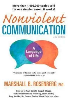 Book cover titled 'Nonviolent Communication' by Marshall B. Rosenberg, PhD, with a subtitle 'A Language of Life' and a Venn diagram of two overlapping speech bubbles in blue and orange. The cover mentions over 1 million copies sold and features endorsements.