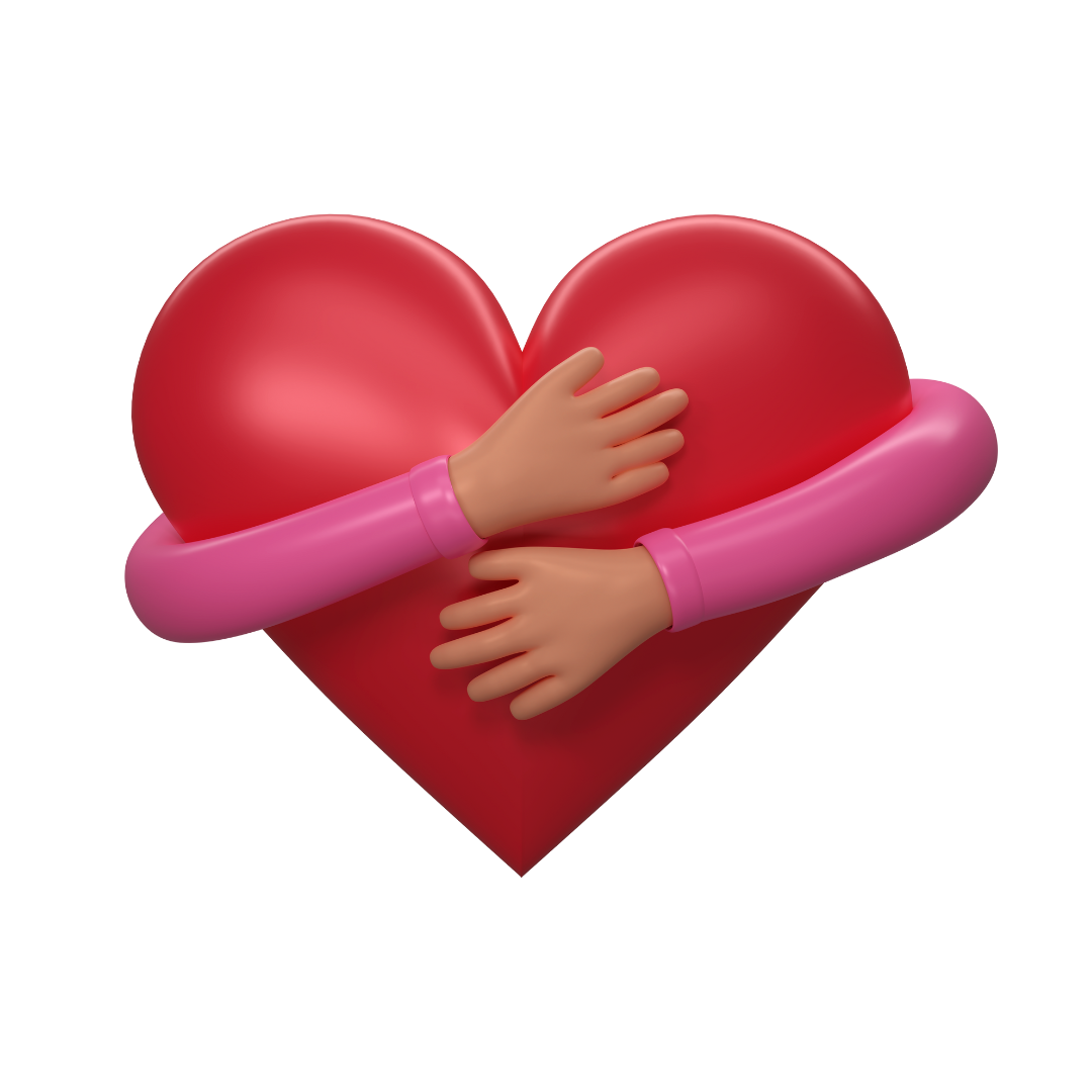 White-background with red heart shape with arms around the front of the heart like a hug.