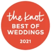 Red circular badge with white text that reads 'the knot BEST OF WEDDINGS 2021'