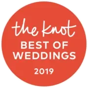 Red circular badge with white handwritten-style text reading 'the knot BEST OF WEDDINGS 2019'