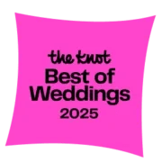 Pink graphic with black text reading 'The Knot Best of Weddings 2025'.